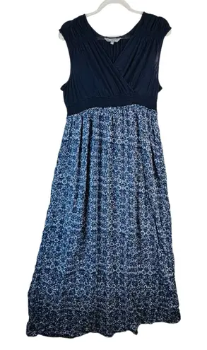 Daisy Fuentes Maxi Dress Navy Combo Floral Print V Neck Smocked Waist sz XL Boho