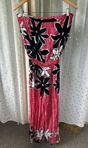 Hula Bay Hawaiian Tahitian Tribal Tiare Floral Strapless Flowy Jumpsuit M Red Size M