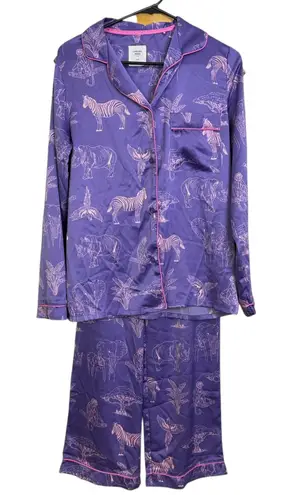 Chelsea Peers Safari Pajama Set Womens Small Purple Satin Button Up Elastic Pink - Image 1