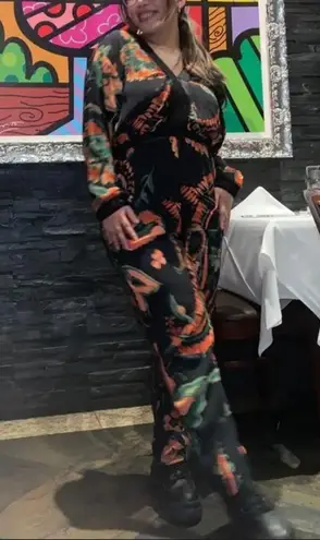 Something Navy Black Floral Satin Jumpsuit XS Cocktail Party Taper Designer $195