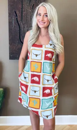 Cotton & Rye Colourful Patchwork Critter & Cactus Square Neck Dress Sz M NWT Blue Size M