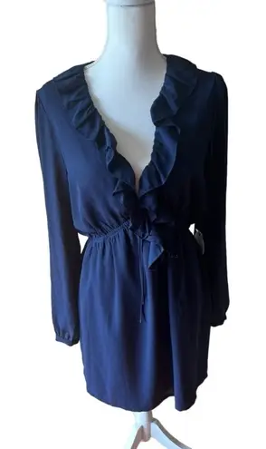About Us NEW Navy Blue Ruffled Long Sleeve Plunging V-Neck Mini Dress