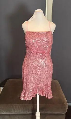 Women’s Pink Sequined Short Homecoming Party Dress Ruffle Hem CorsetBack Size 4