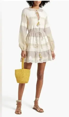 HEMANT & NANDITA Mana Striped Embroidered Cotton Blend Mini Dress small Tan