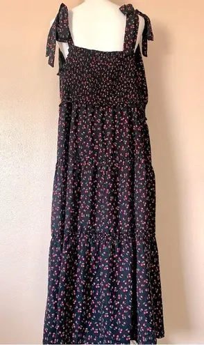 Arula Navy & Pink Cherry Print Tiered Sleeveless Adjustable Ties Dress. Blue Size XL