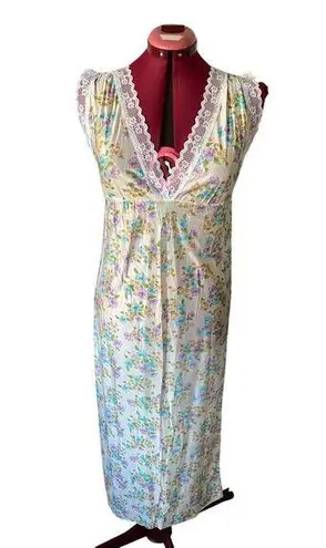nightgown vintage 1970s floral deep V neck blue pink orange Size L