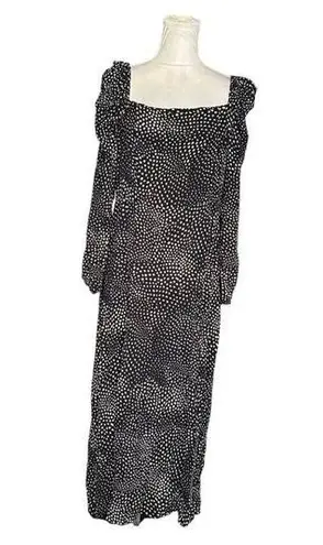 Black & White Polka Dot Long Sleeve Midi Peasant Dress Square Neck Ruched Size L Size L
