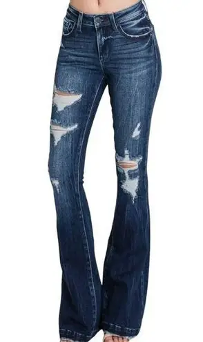 Petra 153 Denver Bells Flared Jeans Distressed Mid Rise Dark Wash Cotton Blue 27