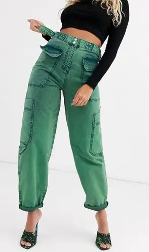 ASOS  Barrel Leg Jeans Womens 2 Green Carpenter Cargo Baggy Balloon Pants - Image 1