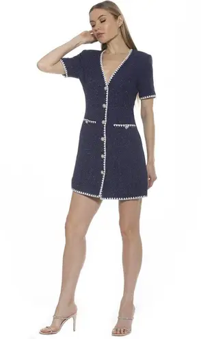 Alexia Admor HOLLY TWEED Mini DRESS Pearl & Jewel Buttons BLUE/WHITE Size 6 NEW