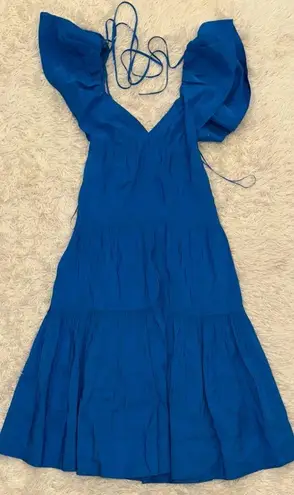 L'Agence NEW La Ligne Ruffle Shoulder Open Back Linen Blend Midi Dress Ultramarine blue