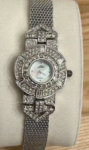 Alto Ladies Watch Crystal Embellishments Pearl Dial Stainless Weave Bracelet
