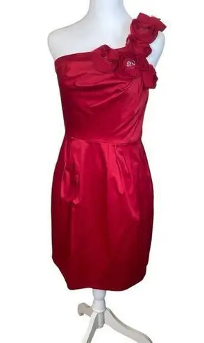 Bisou Bisou Red Satin One Shoulder Rosette Jewel Cocktail Dress Size 8 Dance EUC