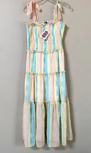 Aakaa NWT pastel rainbow smocked ruffle tiered shoulder tie midi dress Sz Large