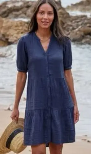 Garnet Hill NWT Royal Blue Organic Cotton Tiered Mini Dress Size Medium Button