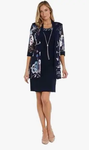 R & M Richards Printed Mesh Jacket & Necklace Dress Set Size 16 Party