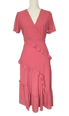 Lulus Next To You Rusty Rose Swiss Dot Ruffle Dress Women’s Size S Side Slit Pink