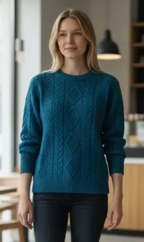 Lake Harmony Rowing Club Blue Cotton Cable Knit Sweater Medium Vintage Made USA