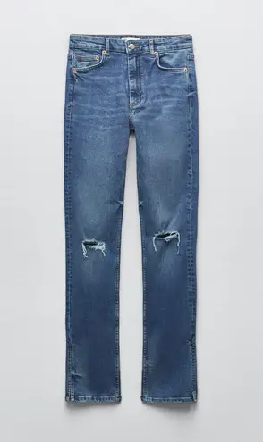 ZARA Full Length Ripped High Rise TRF Slim Fit Straight Leg Jeans