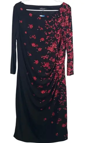 Evan Picone Evan-Picone Dress Women’s XL Black Label Red and Black Floral Midi 3/4 Sleeve