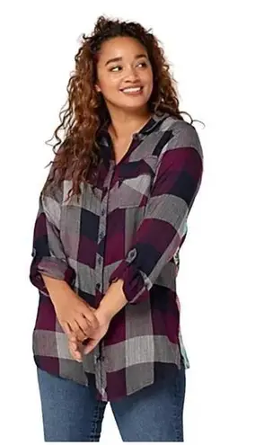 Tolani Collection Women Purple Plaid Button Down Tunic W/ Print Back Medium
