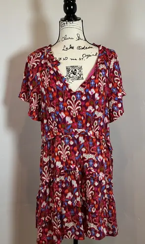 By Anthropologie Dress Medium Floral Print Ruffle V Neck Short Sleeve Tiered Red