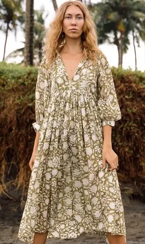 Daughters of India Kyra Midi Boho Maxi Dress Floral Print V Neck Tiered Green Size L