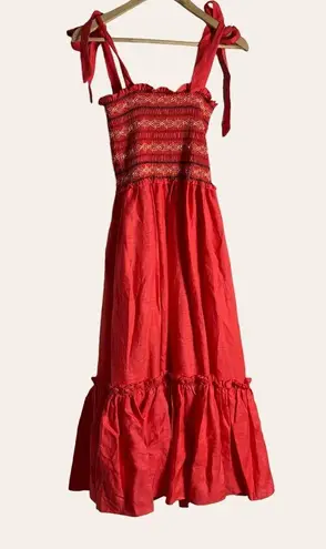 Cara Cara NYC Jenny Hibiscus Linen Smocked Tie Shoulder Midi Dress Size S