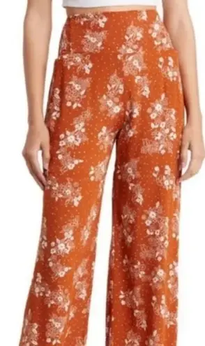 Three Dots Orange White Floral Smocked Straight Leg High Waist Rayon Pants Sz L