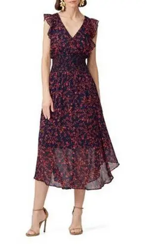 Slate + Willow Navy Smocked Waist Red Orange Printed Florals Dress Size XS