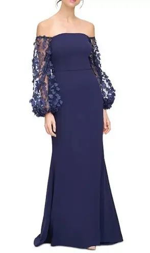 Eliza J . Off-the-Shoulder Mesh-Sleeve Gown in Navy, Size 4, New w/Tag