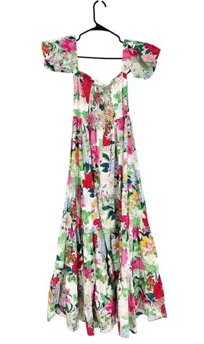 Cara Cara Wethersfield Belted Cotton Poplin Floral Print Tiered Maxi Dress 0 Green