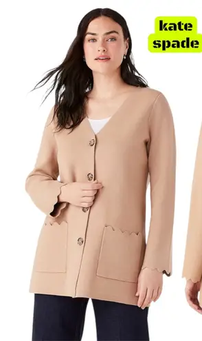 Kate Spade New York Tan Knit Cardigan Sweater Scalloped Pockets Button Front "S"