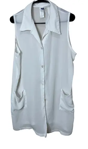 White Sleeveless Duster Top Christina Sheer Button Down Pockets Size 1X