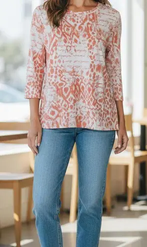 Women's Ruby Rd Top Shirt Large Blouse Orange & White Design Cotton/Spandex