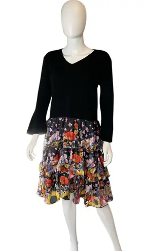 Women Dalia MacPhee blk/multicolor long sleeve ruffle layered dress. XL