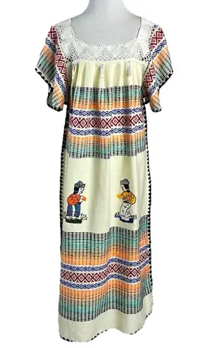 Vintage 70s Handmade Embroidered Ecuador Blanket Kaftan Dress Medium Large Orange