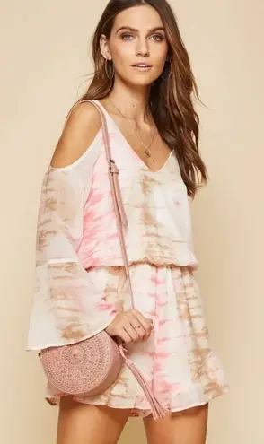 Andree by Unit NWT Tie Dye Romper Cold Shoulder Bell Sleeve Ruffle Hem Sz Lg