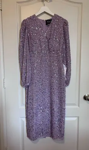 Mac Duggal
Purple Sequined Illusion Puff Sleeve V Neck Midi Dress