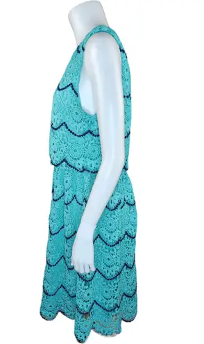 Luxology Womens 14 Blue Teal Crochet Lace Sleeveless Midi Dress Elastic Waist
