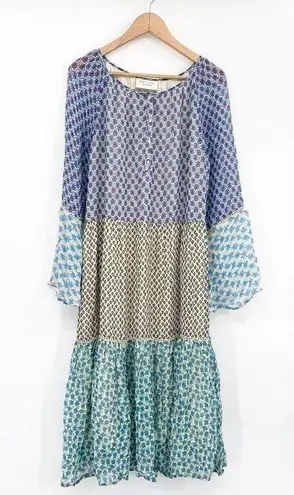 CECILIE Copenhagen Willa Tiered Midi Dress Multicolor Panels Colorblock Size M Blue Size M