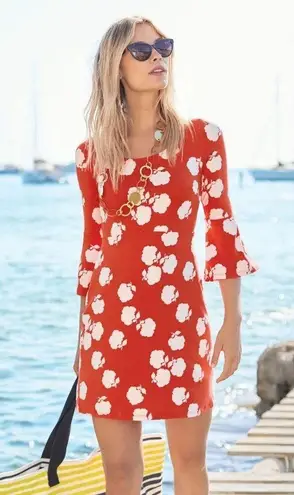 Boden USA Boden Miriam Jersey Knit Bell Sleeve Mini Dress Orange Red Floral Womens 16