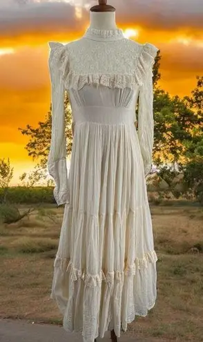 Gunne Sax Dress Vintage 70s Prairie Wedding Cream Lace Gauze Coquette Long Maxi