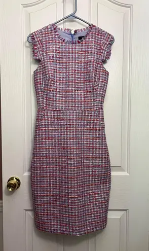 J.Crew  Tweed Blue And Pink Woven Pattern Sheath Dress Sz 00 With Fringe