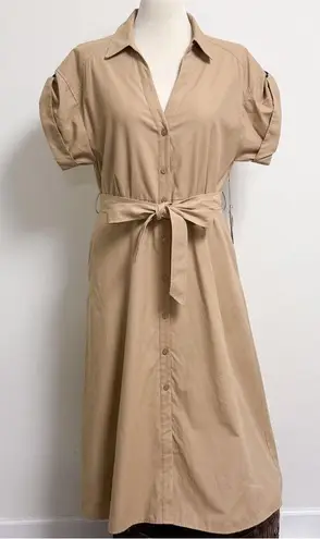 Brochu Walker Sahara Beige Fia Belted Button Up Short Sleeve V Neck Dress Large