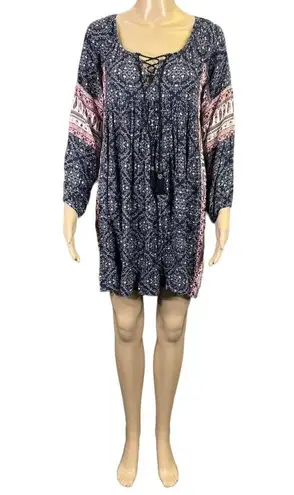 American Eagle  Womens Tunic Mini Dress Long Sleeves Boho Peasant Blue Pink XS