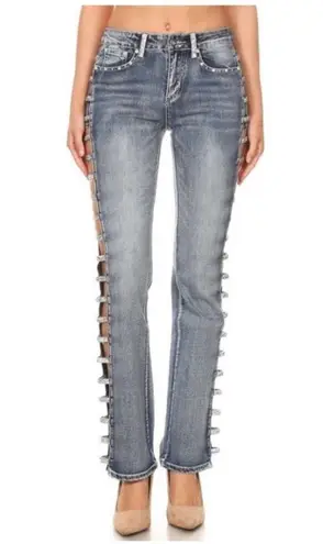 Y2K Brittany Rhinestone Cut Out Low Rise Light Wash Distressed Slim Jeans Size undefined