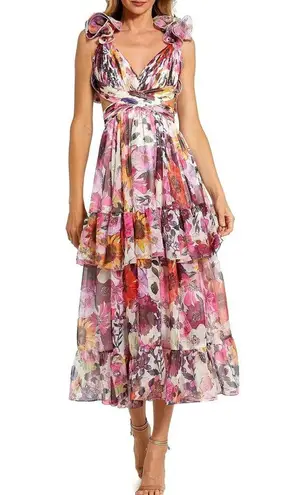 Mac Duggal Pink Floral Chiffon V Neck Ruffle Sleeveless Tiered Midi Dress 4