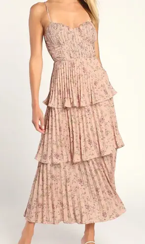 Lulus  Pink Floral Bustier Corset Pleated Tiered‎ Chiffon Midi Dress XL *FLAWED - Image 1