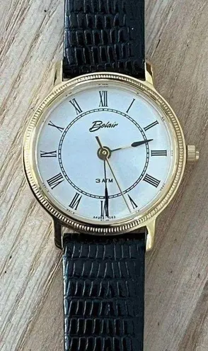 Belair Ladies Watch New in Original Box Black Leather Strap White Dial Gold Case
